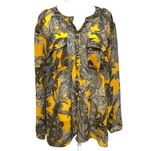 Cato Gold Gray Paisley Blouse Sheer Button Up Size XL Boho Career Casual